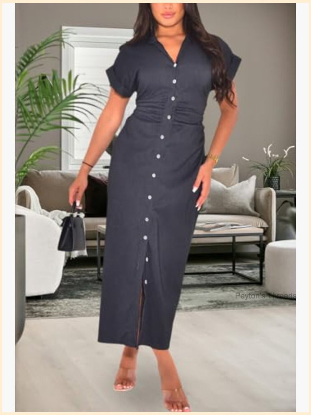 Short Sleeve Denim Shirt Dress Casual Button Down Ruched Long Dress Slim Fit - Picture 7 of 7